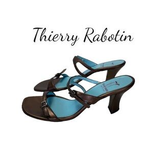 Thierry Rabotin Brown Leather Open Toe Kitten Heel Pumps Size 10